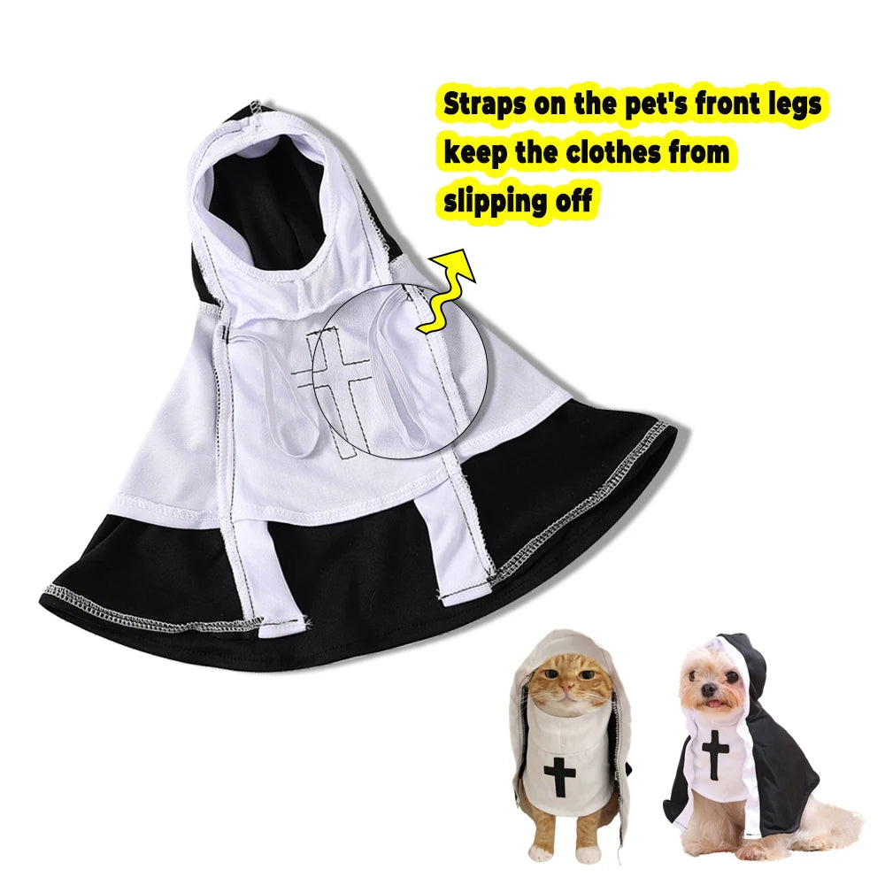 Nun costume with straps on the front legs to keep it in place